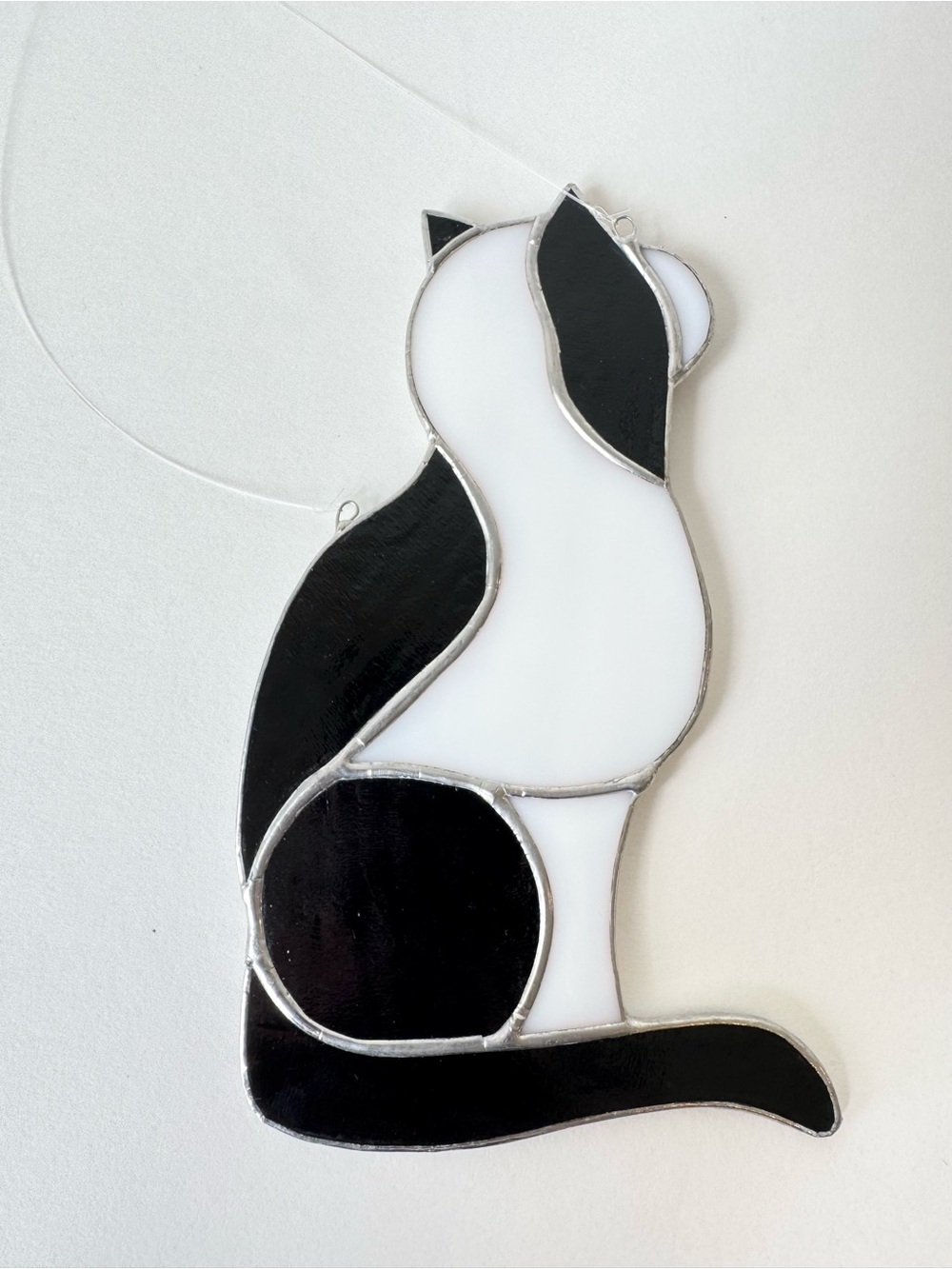Tuxedo Cow Cat Stained Glass Sun Catcher Hanging Black White Cat Lover Lady - Picture 4 of 4